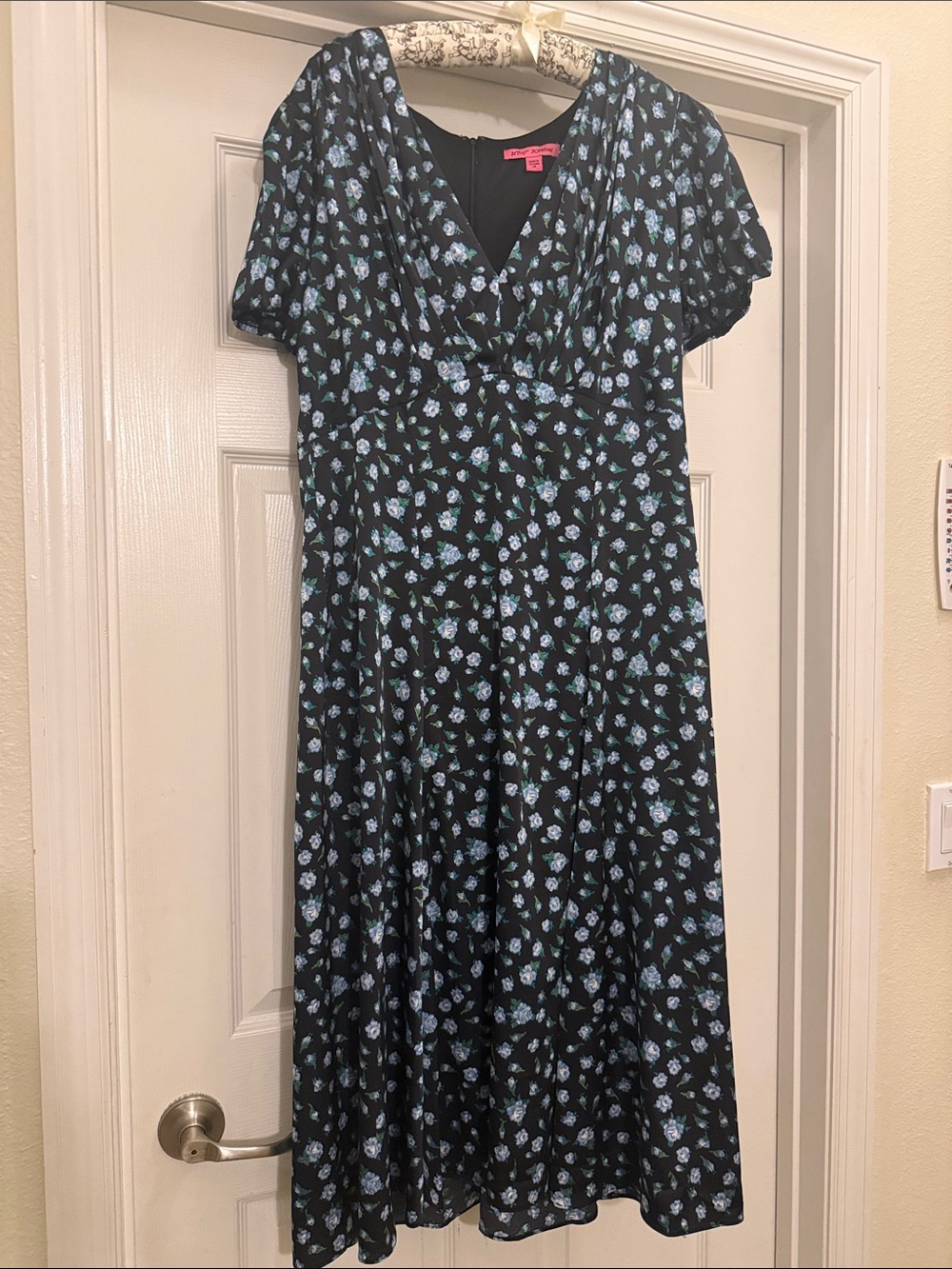 Betsey Johnson Black Midi Dress with Light Blue Floral Print